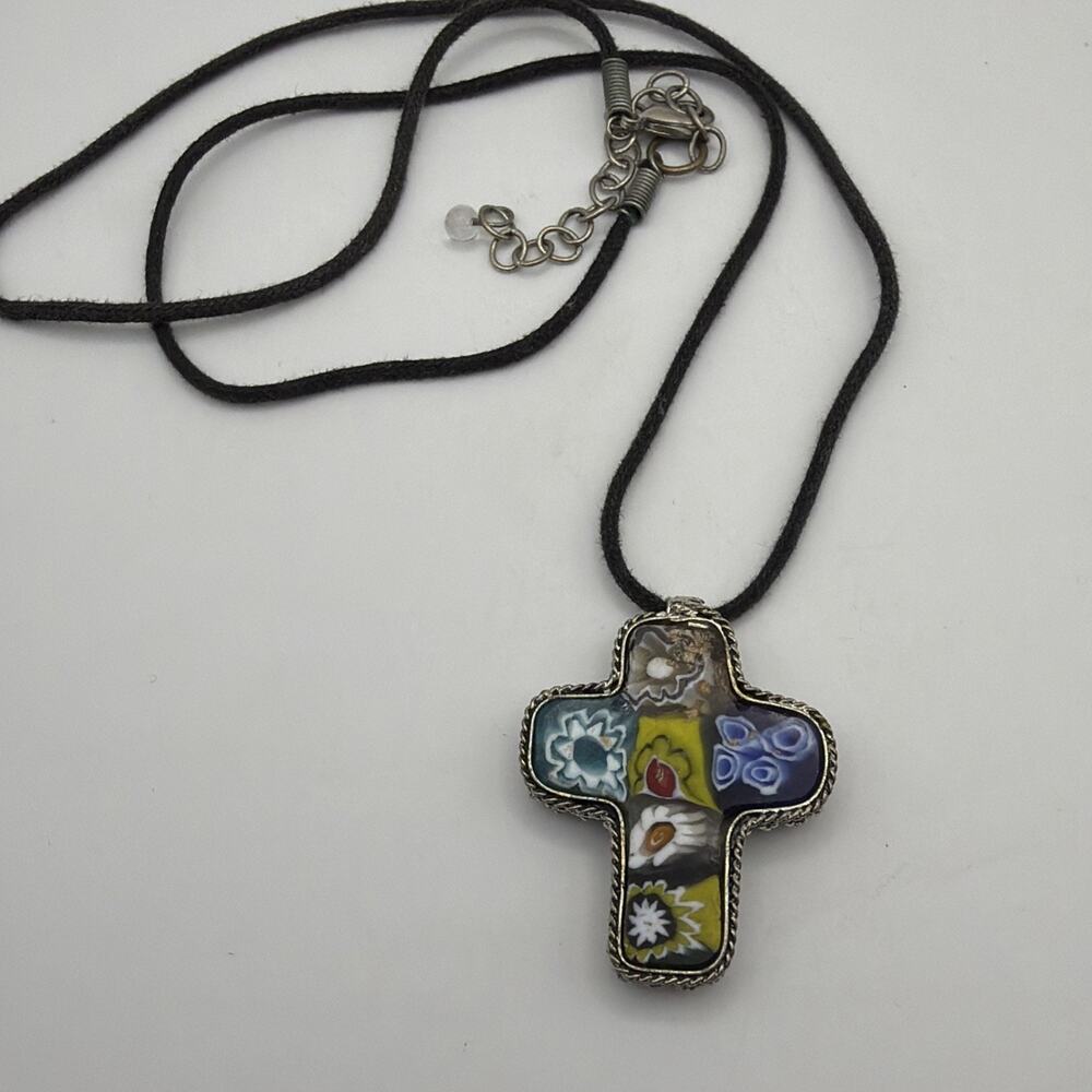 Vintage Millefiori Floral Cross Pendant Textured Silver Tone Artisan Boho